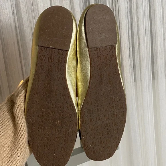 Lilly Pulitzer Gold Leather Ballet Flats Lion Heads Knock Brown Ribbon Size 9 - Picture 7 of 16